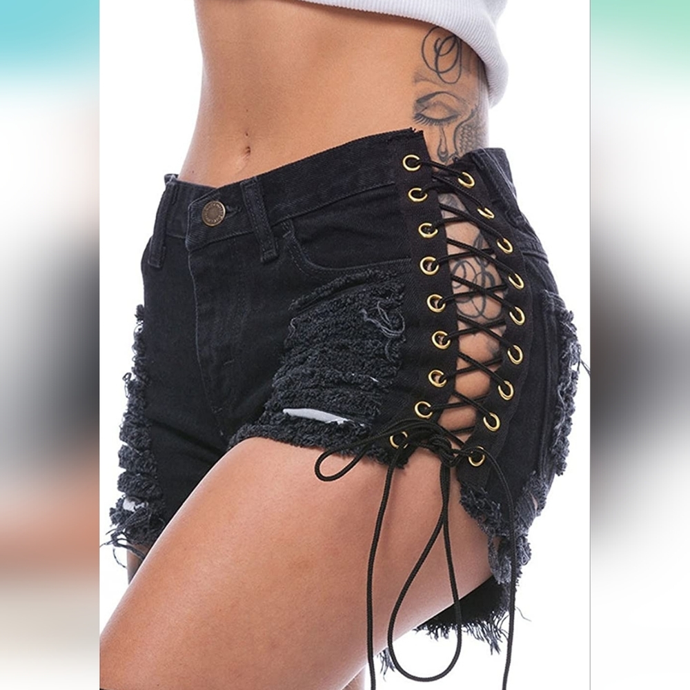 🔥 Sexy 🔥 Black Distressed Side Lace-up Mid-Rise Denim Jean Shorts Size Small